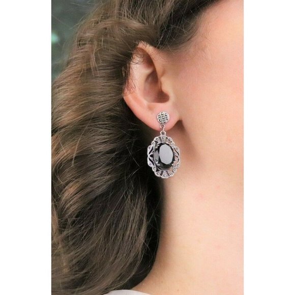 Vintage Sterling Silver Imitation Onyx and Marcasite Earrings Drop Earrings - Picture 3 of 7